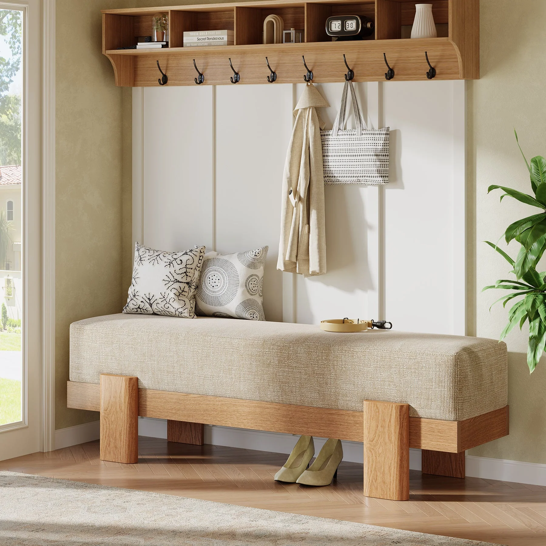 Banc d'entrée rembourré de 140 cm, Banc à chaussures avec coussin d'assise épais - Image 7