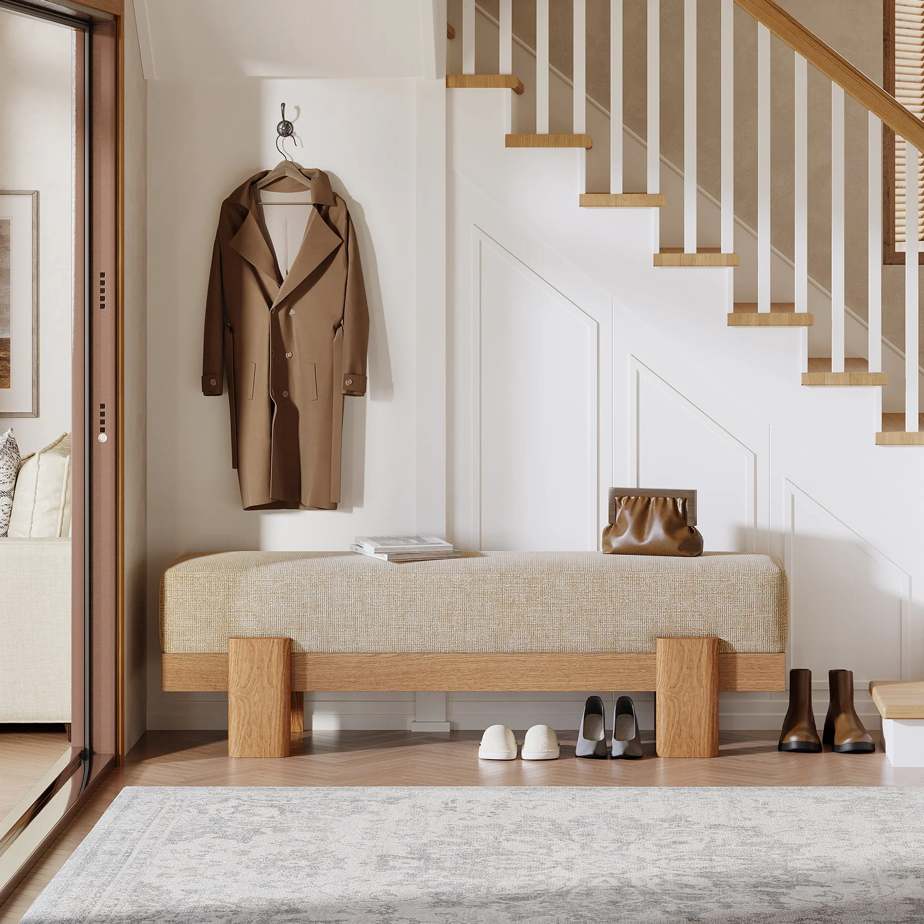 Banc d'entrée rembourré de 140 cm, Banc à chaussures avec coussin d'assise épais - Image 9