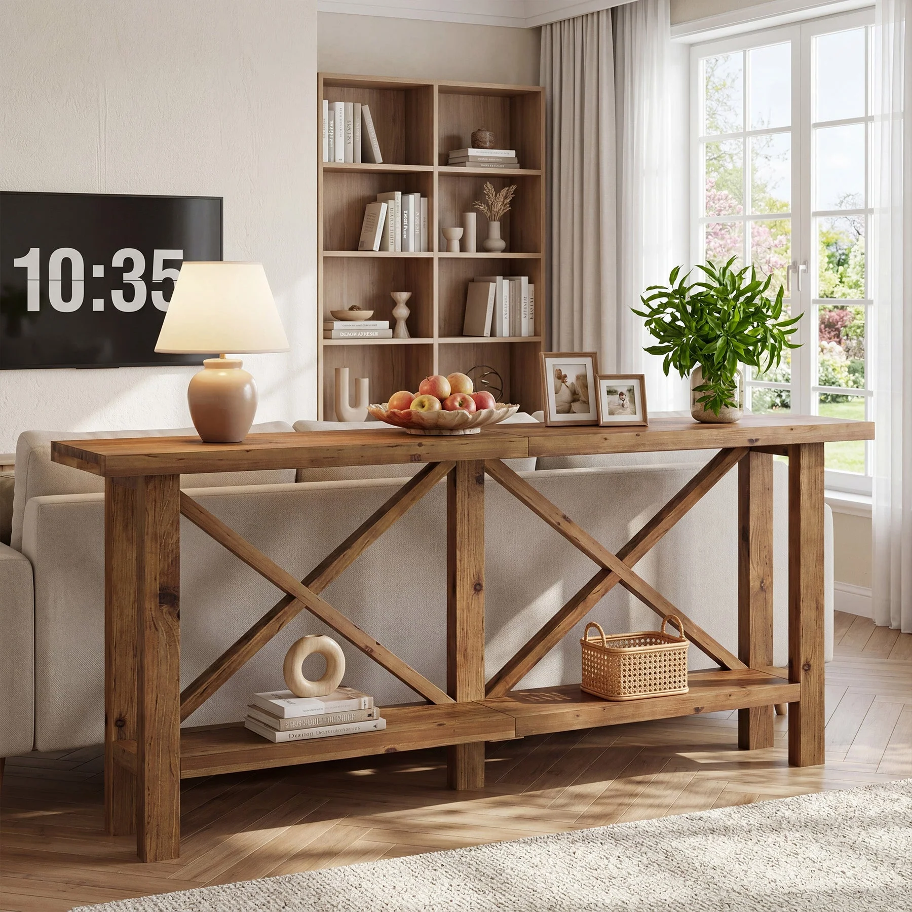 Console étroite de 180 cm, Table d'entrée à 2 niveaux en bois massif - Image 3