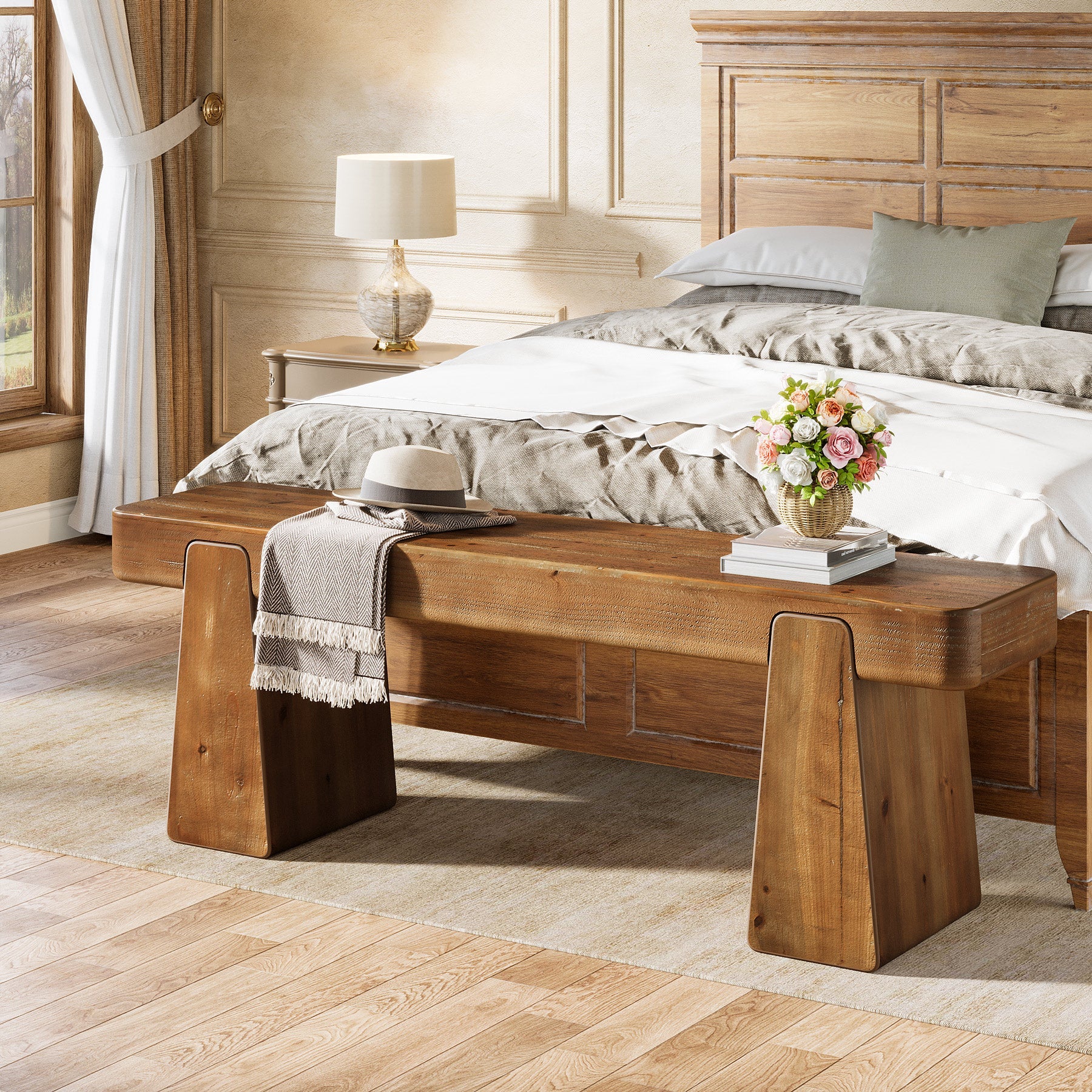 Tribesigns Banc en bois massif 120 cm, Style champêtre avec pieds renforcés - Image 5