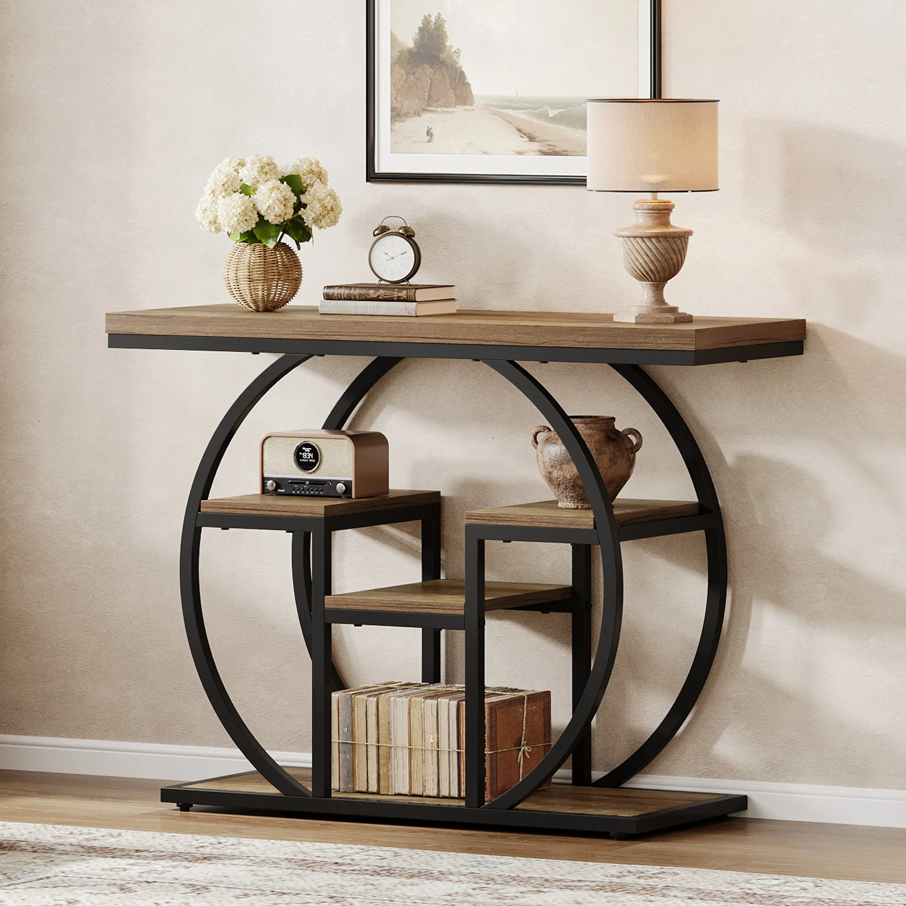 Tribesigns Console 105 cm de large avec 4 étagères, Table d'appoint de style industriel avec structure incurvée