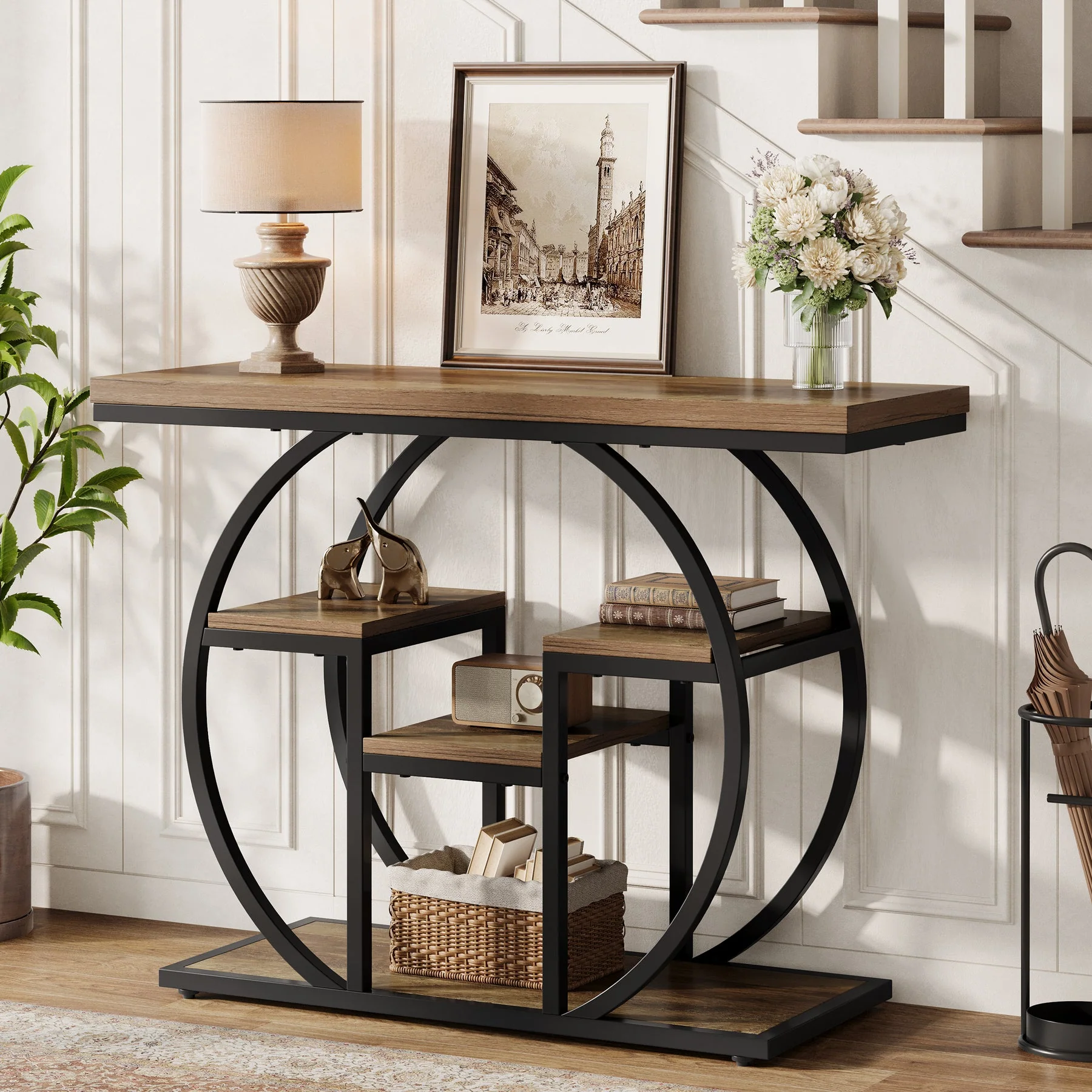 Tribesigns Console 105 cm de large avec 4 étagères, Table d'appoint de style industriel avec structure incurvée - Image 5