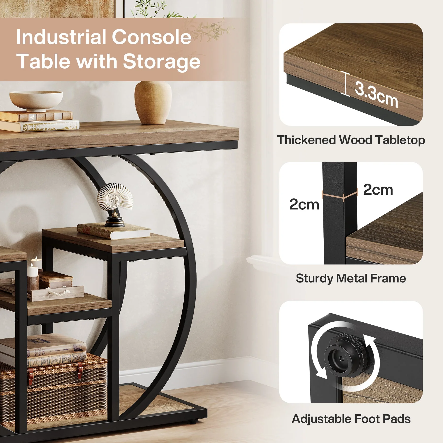 Tribesigns Console 105 cm de large avec 4 étagères, Table d'appoint de style industriel avec structure incurvée - Image 7