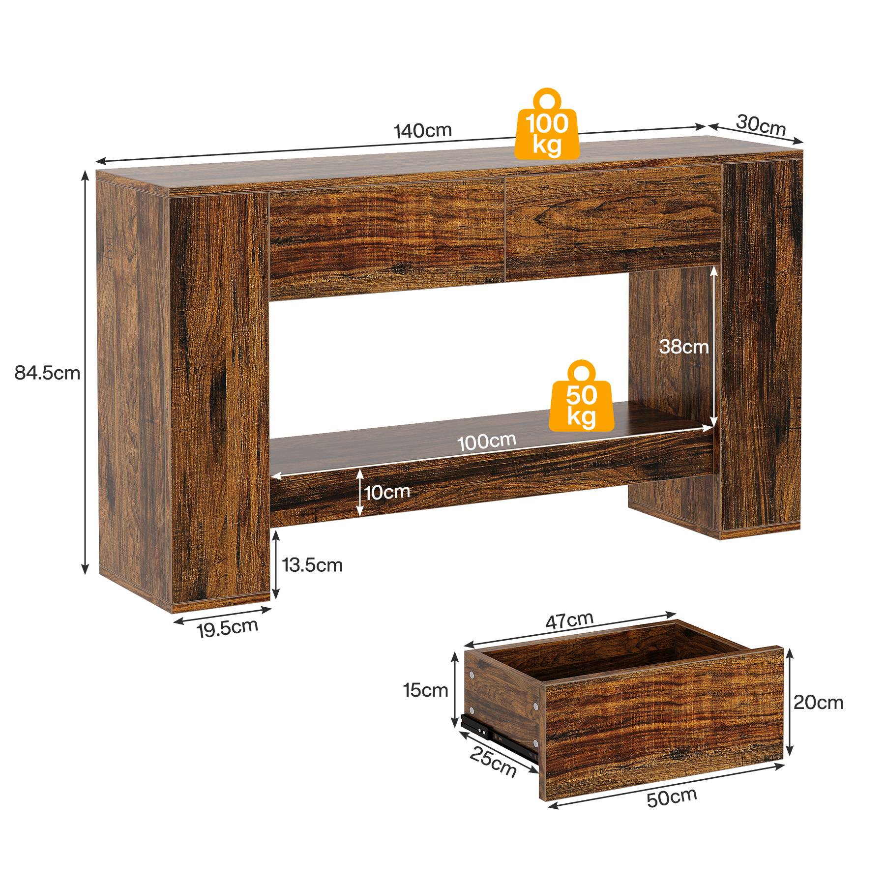Tribesigns Console 140 cm, Table basse en bois à 2 niveaux avec 2 tiroirs - Image 2