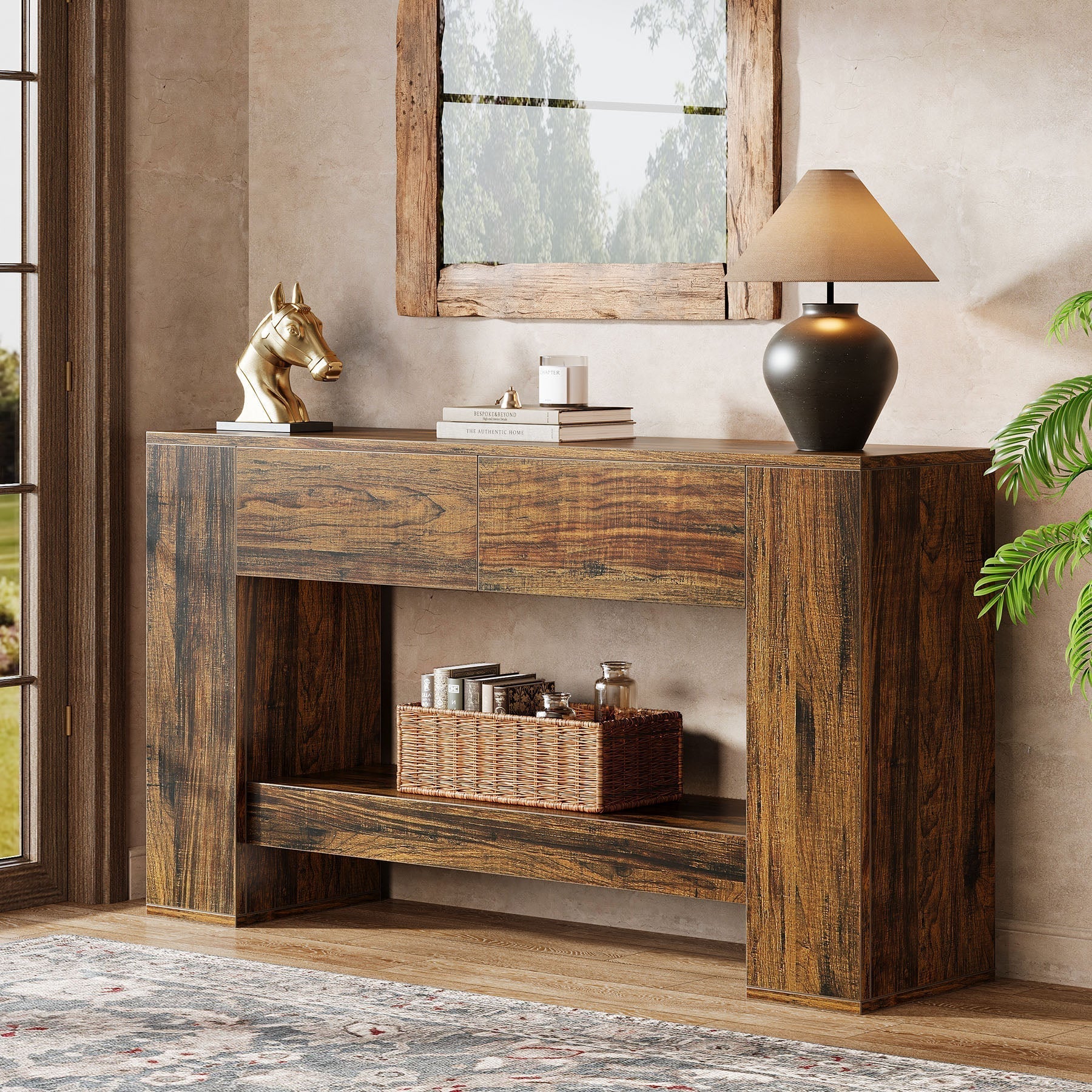 Tribesigns Console 140 cm, Table basse en bois à 2 niveaux avec 2 tiroirs - Image 6