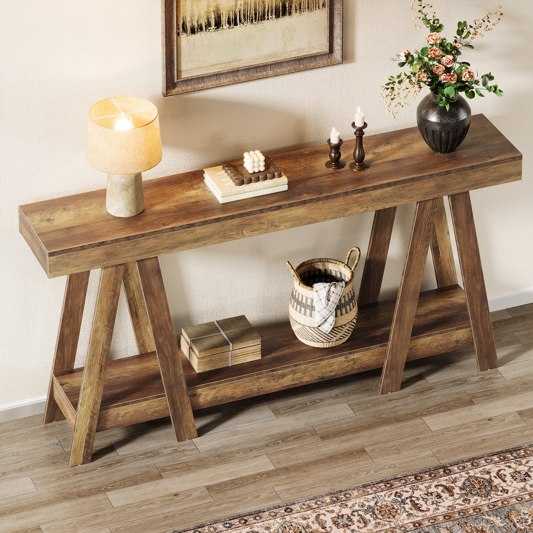 Tribesigns Console de 180 cm de long de style campagnard, Table d'entrée étroite à 2 niveaux - Image 3