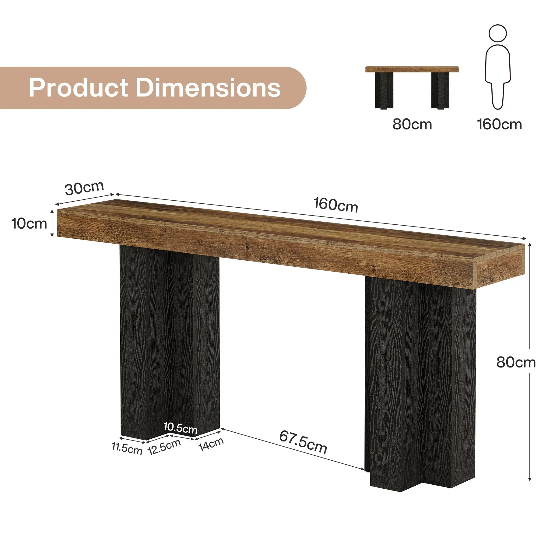 Tribesigns Console de style maison de campagne de 160 cm, Table d'entrée marron avec pieds robustes pour le salon et l'entrée - Image 2