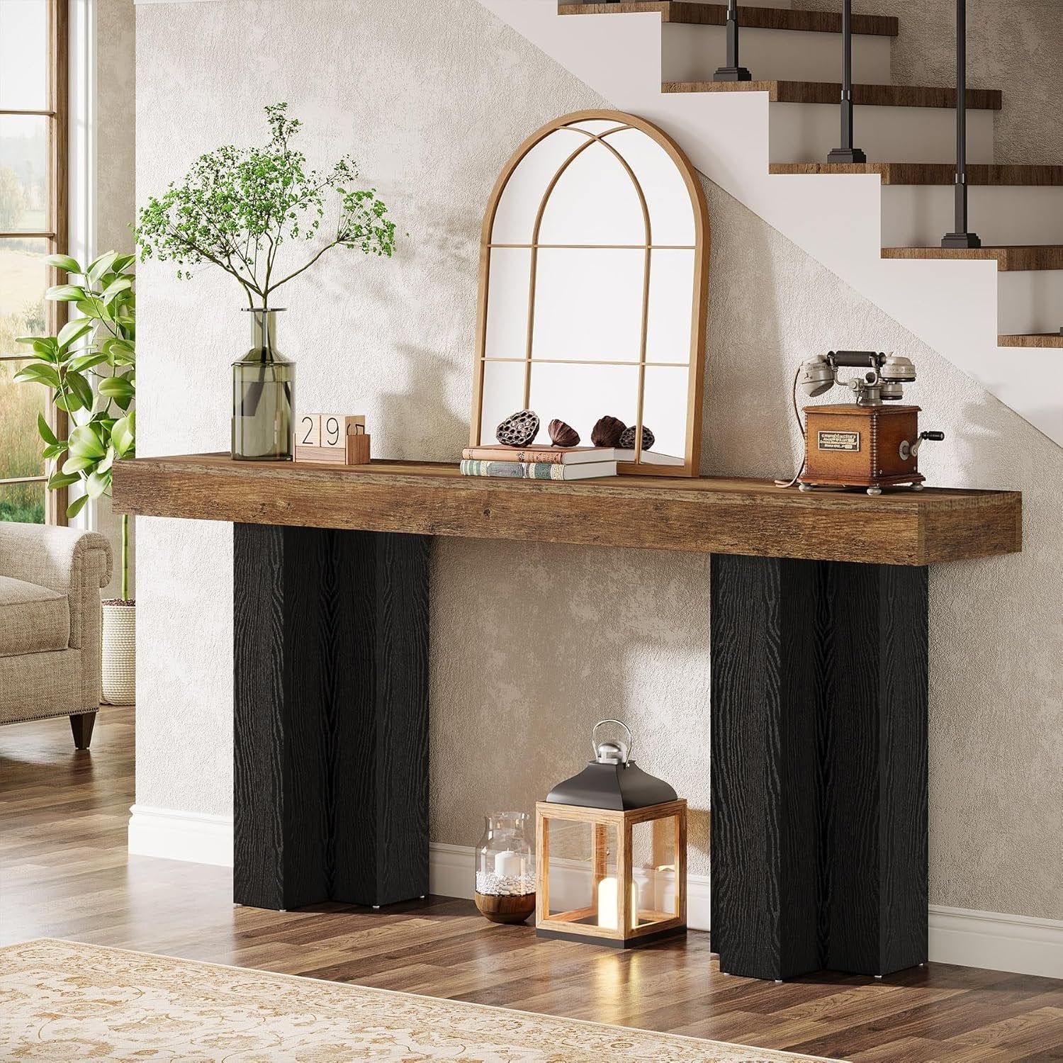 Tribesigns Console de style maison de campagne de 160 cm, Table d'entrée marron avec pieds robustes pour le salon et l'entrée - Image 3