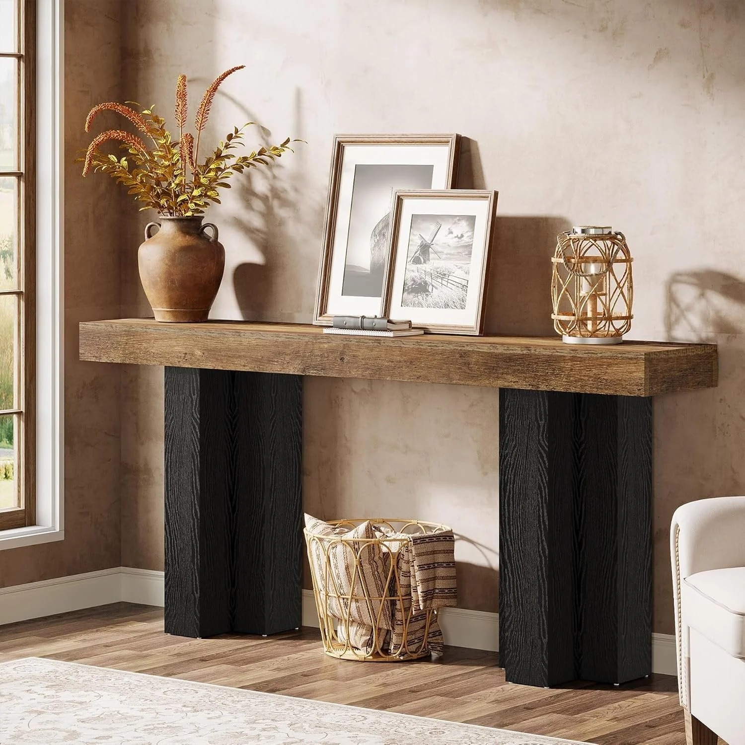 Tribesigns Console de style maison de campagne de 160 cm, Table d'entrée marron avec pieds robustes pour le salon et l'entrée - Image 5