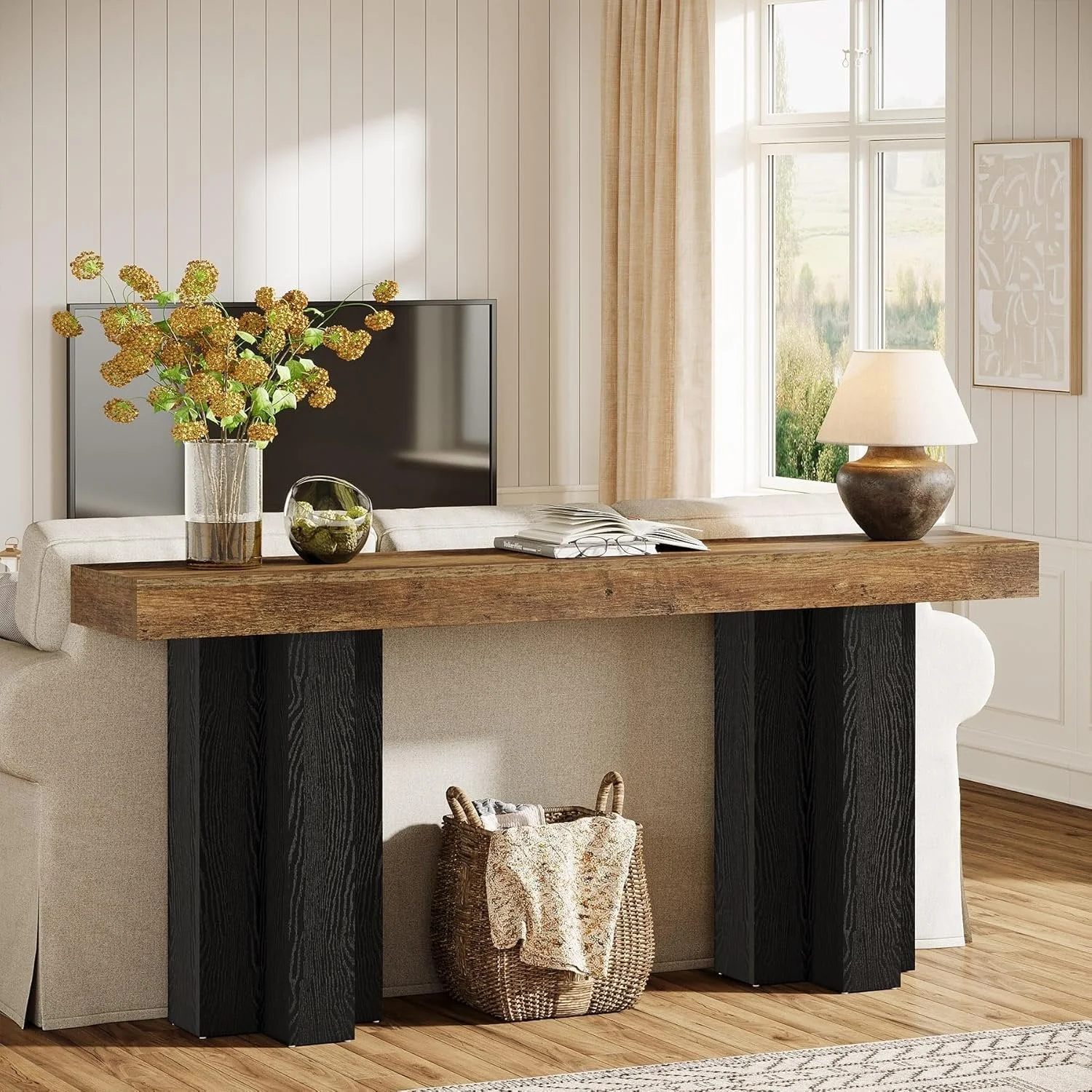 Tribesigns Console de style maison de campagne de 160 cm, Table d'entrée marron avec pieds robustes pour le salon et l'entrée - Image 6