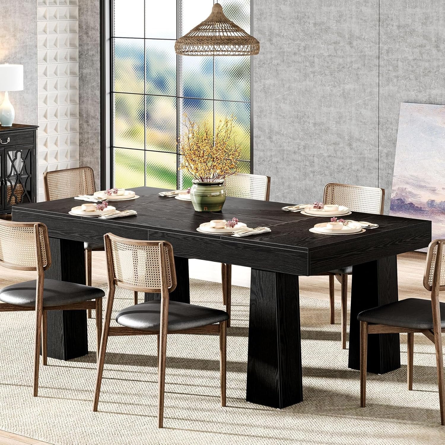 Tribesigns Table à manger 160 cm, Table de cuisine rectangulaire moderne avec pieds coniques renforcés en noir - Image 7