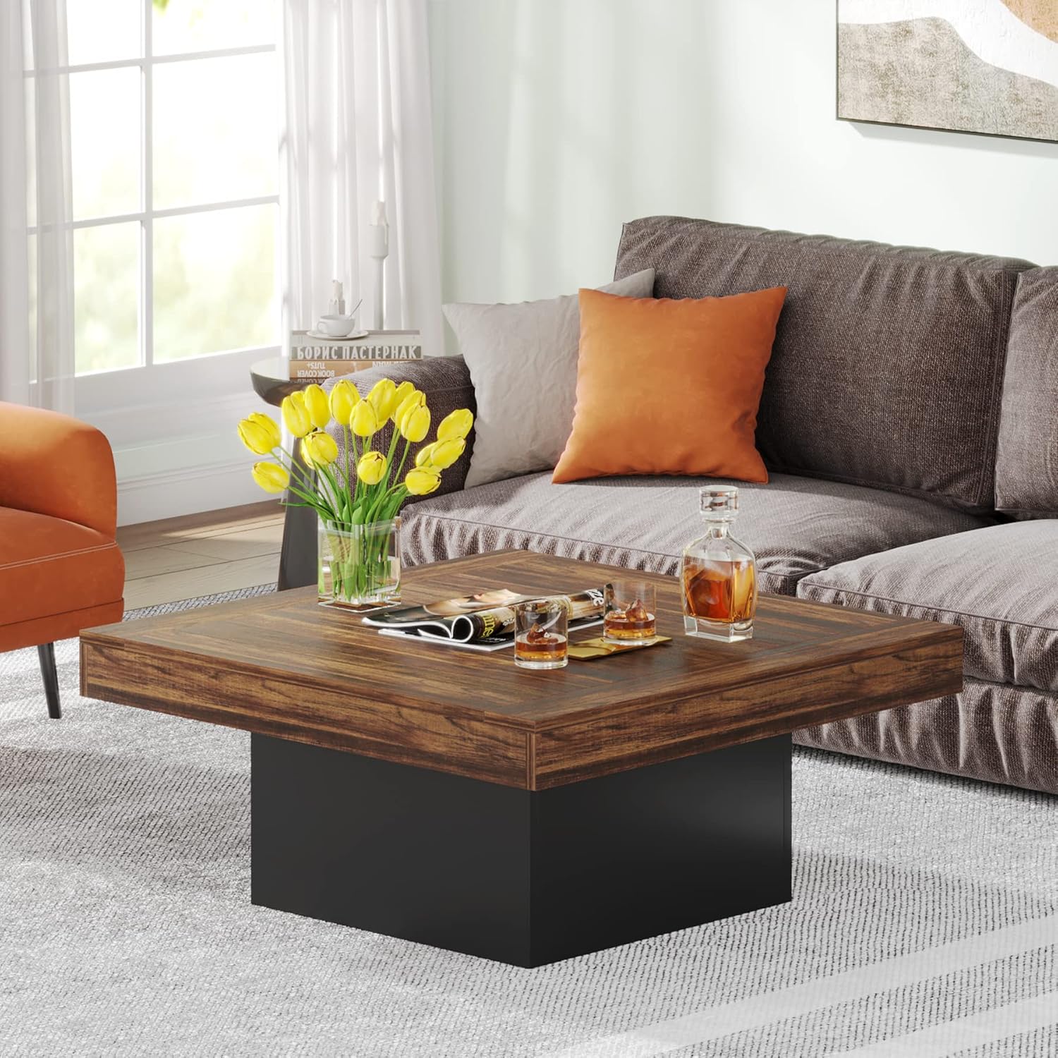 Tribesigns Table basse carrée 90 x 90 x 45 cm avec éclairage LED, Table basse moderne en bois pour salon - Image 5