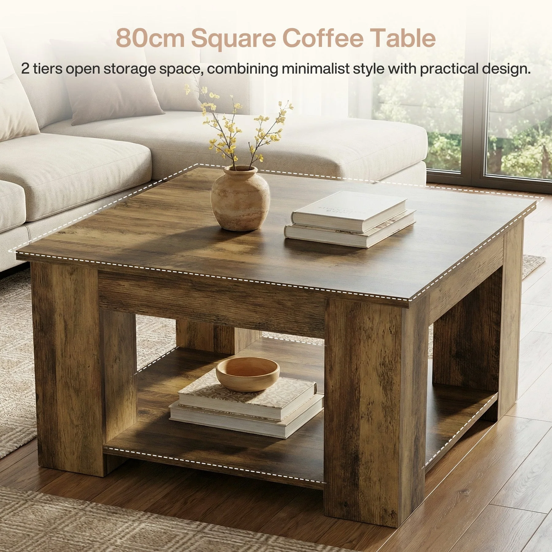 Tribesigns Table basse carrée de 80 cm, Table de salon à 2 niveaux avec rangement - Image 6