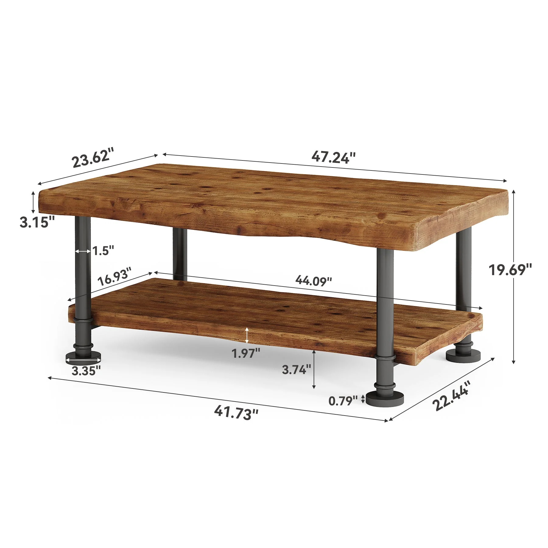 Tribesigns Table basse rectangulaire 120 cm 2 niveaux en bois massif avec bords naturels et pieds en métal - Image 2
