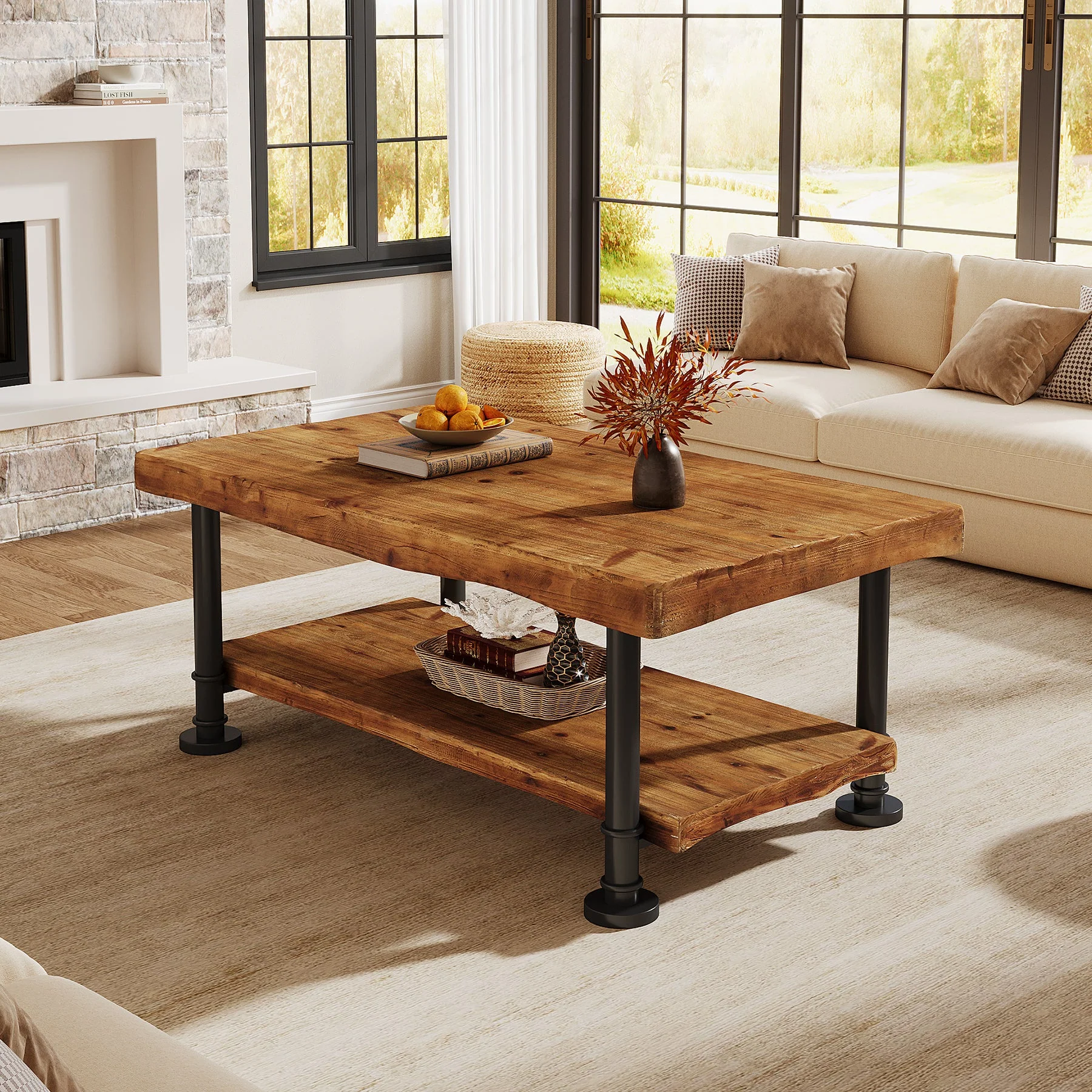 Tribesigns Table basse rectangulaire 120 cm 2 niveaux en bois massif avec bords naturels et pieds en métal - Image 3