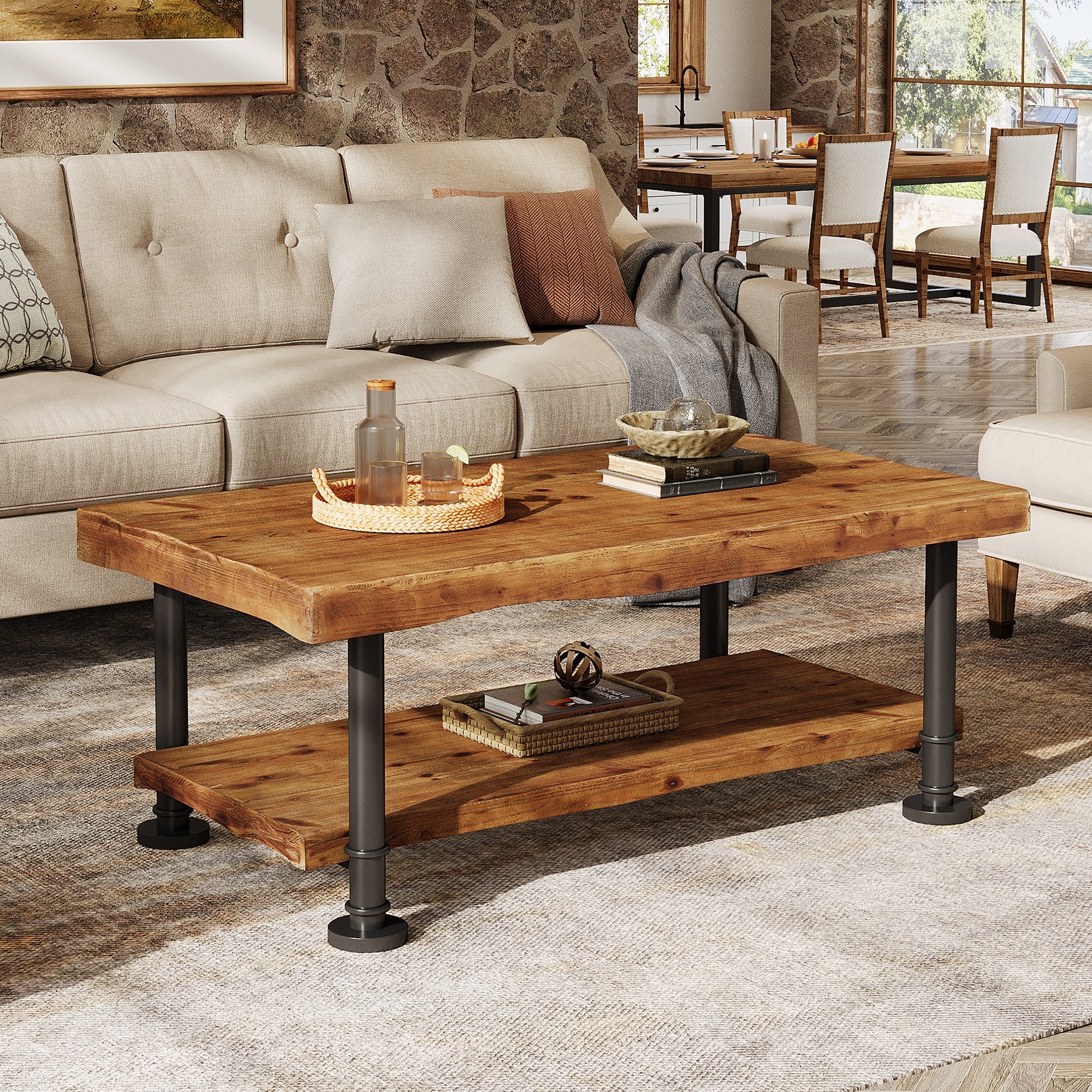 Tribesigns Table basse rectangulaire 120 cm 2 niveaux en bois massif avec bords naturels et pieds en métal - Image 4