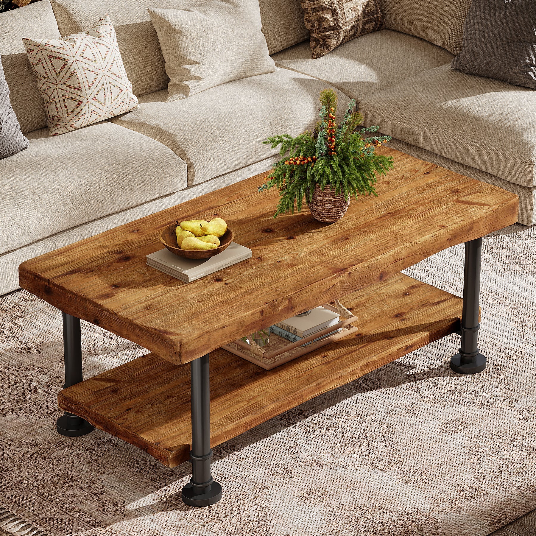 Tribesigns Table basse rectangulaire 120 cm 2 niveaux en bois massif avec bords naturels et pieds en métal - Image 5