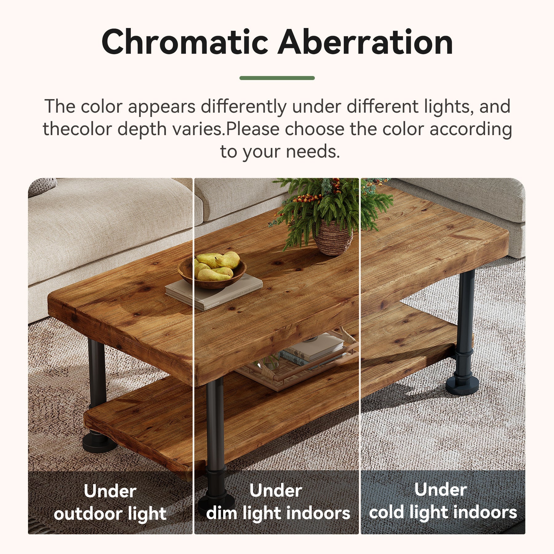 Tribesigns Table basse rectangulaire 120 cm 2 niveaux en bois massif avec bords naturels et pieds en métal - Image 6