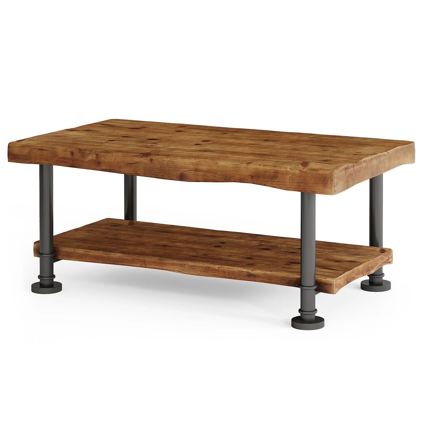 Tribesigns Table basse rectangulaire 120 cm 2 niveaux en bois massif avec bords naturels et pieds en métal - Image 9