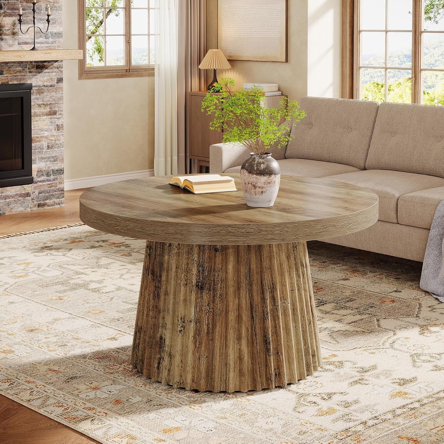 Tribesigns Table basse ronde 80 cm, Table centrale circulaire moderne avec base en tambour cannelé et finition grain de bois - Image 9