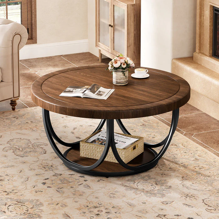 Tribesigns Table basse ronde de 80 cm avec étagère, Table de salon à deux niveaux de style industriel avec structure en métal - Image 3