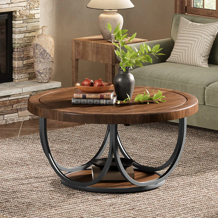 Tribesigns Table basse ronde de 80 cm avec étagère, Table de salon à deux niveaux de style industriel avec structure en métal - Image 4
