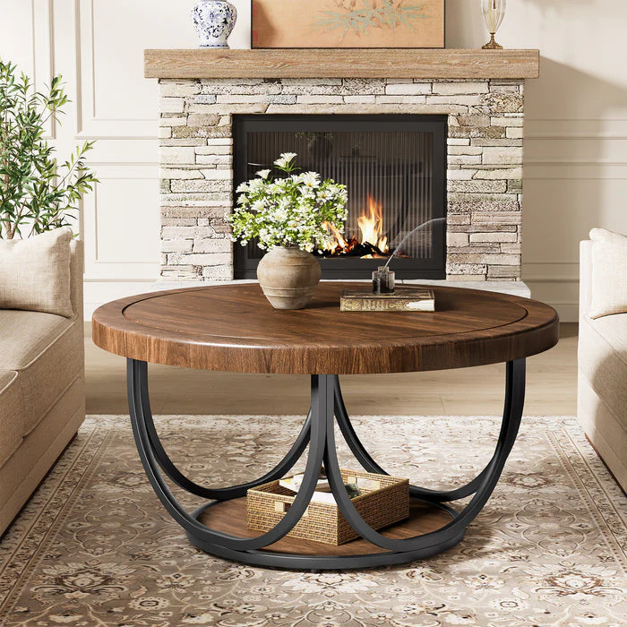 Tribesigns Table basse ronde de 80 cm avec étagère, Table de salon à deux niveaux de style industriel avec structure en métal - Image 5