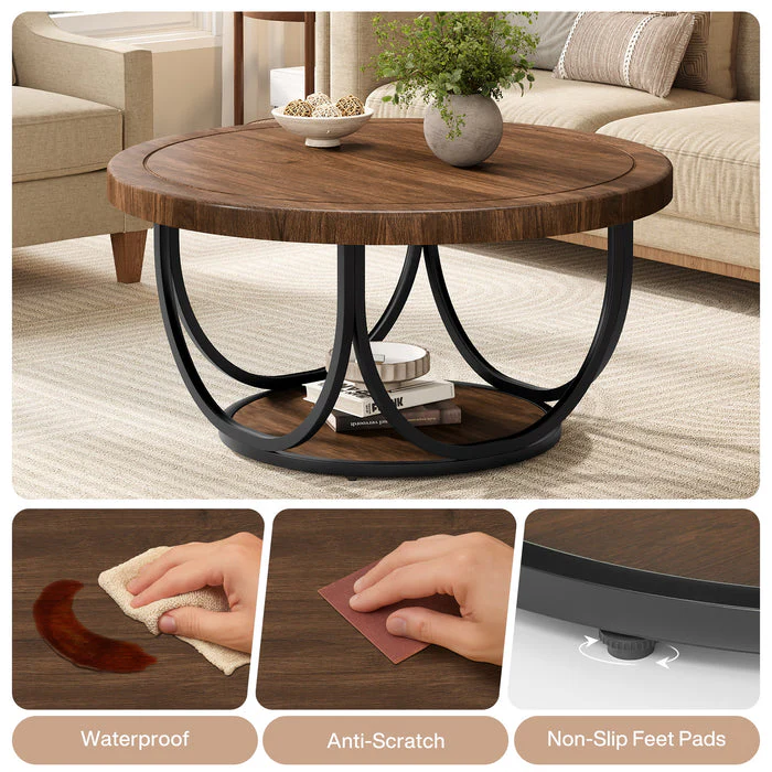 Tribesigns Table basse ronde de 80 cm avec étagère, Table de salon à deux niveaux de style industriel avec structure en métal - Image 6