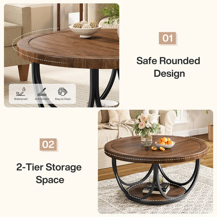 Tribesigns Table basse ronde de 80 cm avec étagère, Table de salon à deux niveaux de style industriel avec structure en métal - Image 7