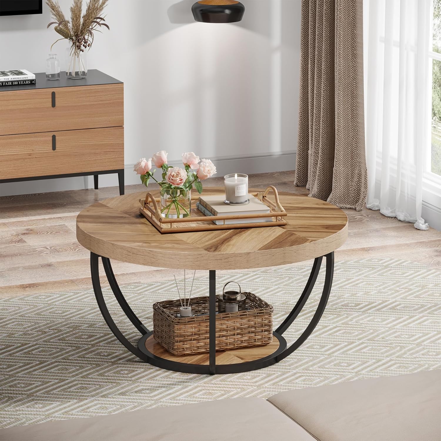 Tribesigns Table basse ronde, Table basse ovale en bois et metal noir - Image 4