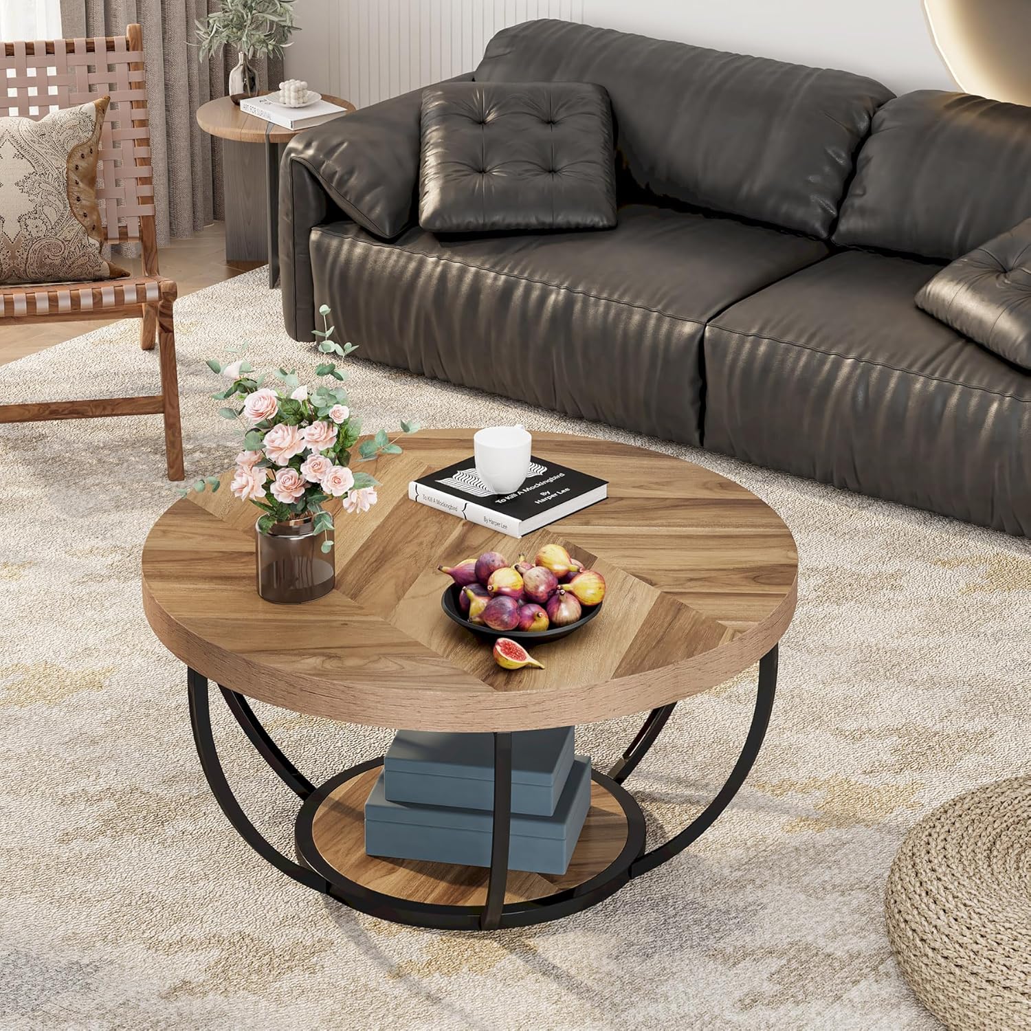 Tribesigns Table basse ronde, Table basse ovale en bois et metal noir - Image 5