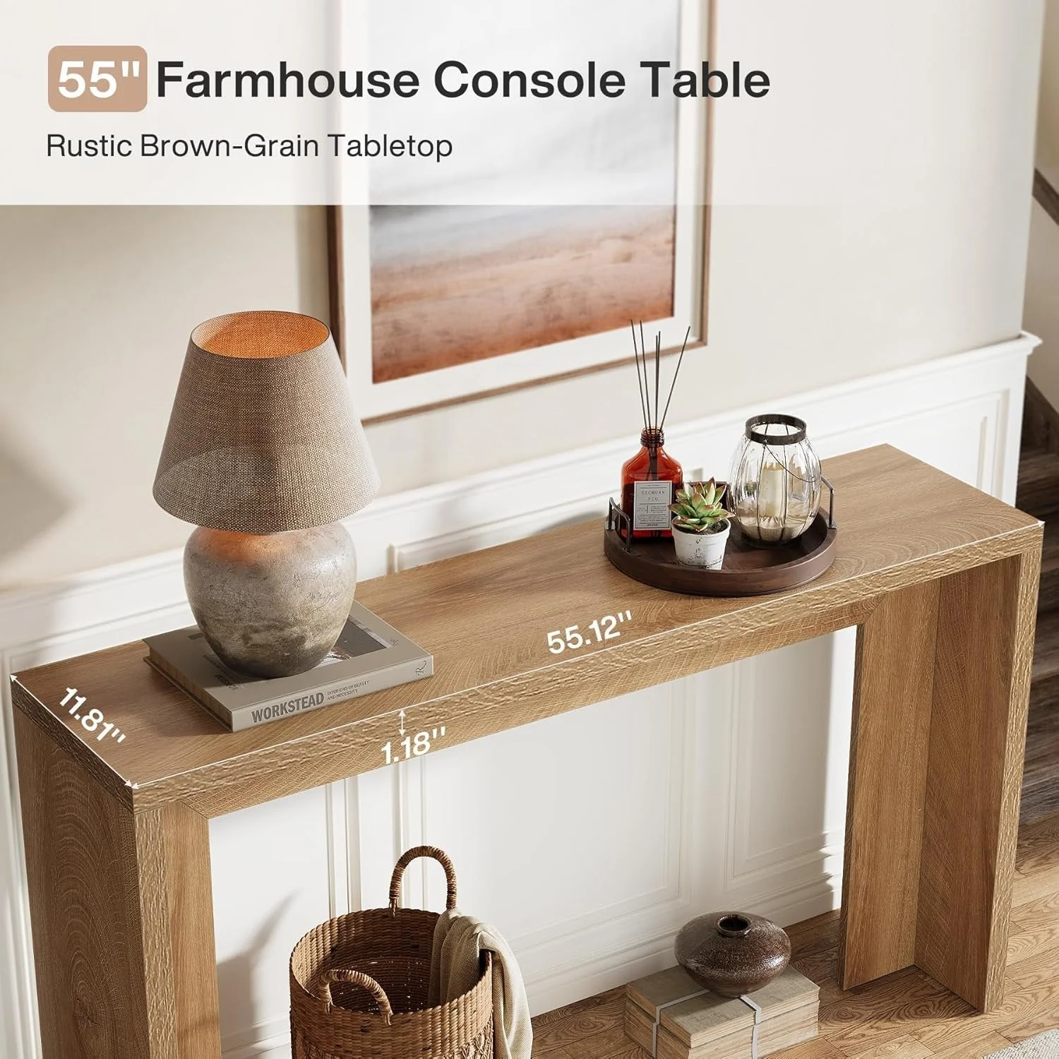 Tribesigns Table console de style campagnard de 140 cm avec rangement, Table basse marron rustique - Image 3