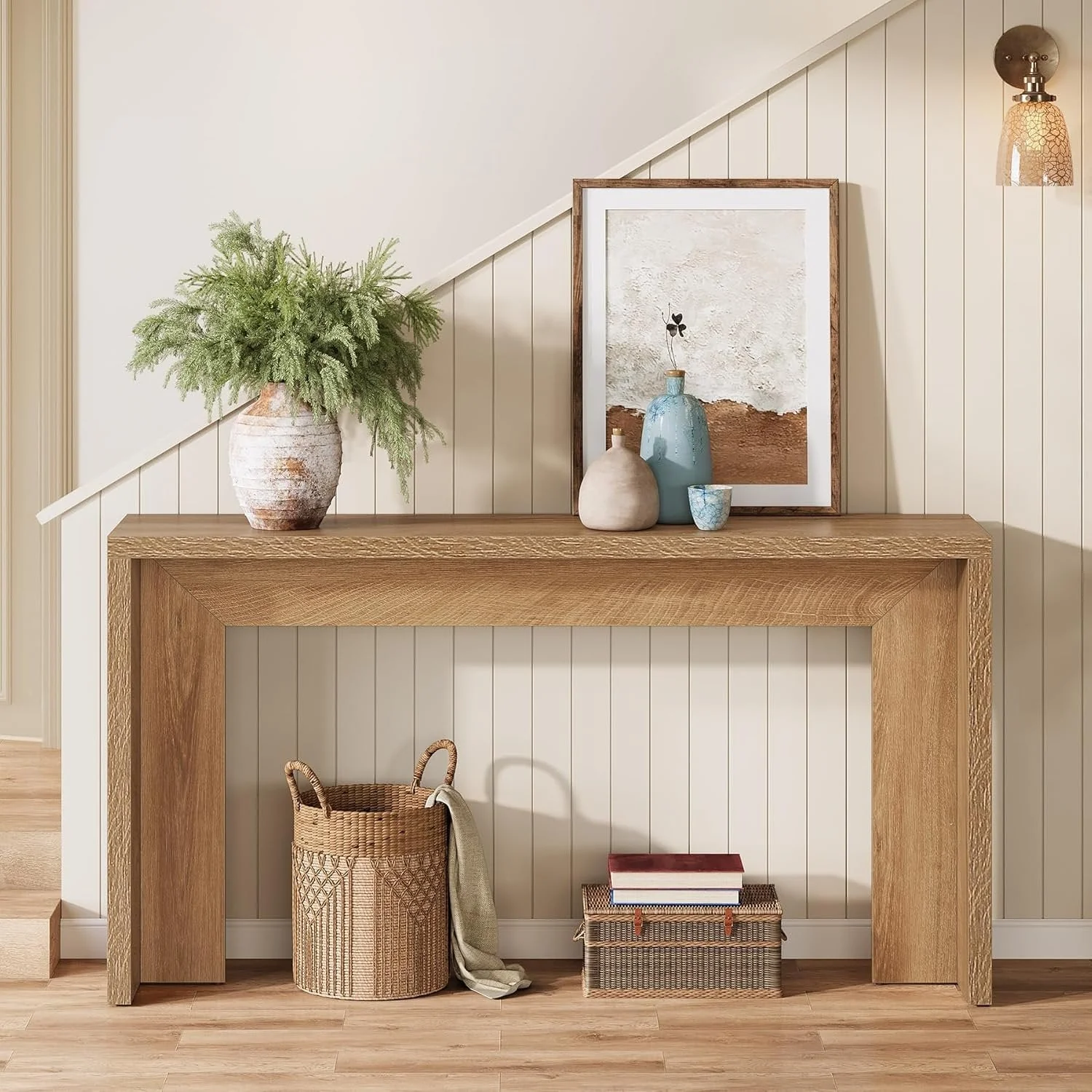 Tribesigns Table console de style campagnard de 140 cm avec rangement, Table basse marron rustique - Image 5