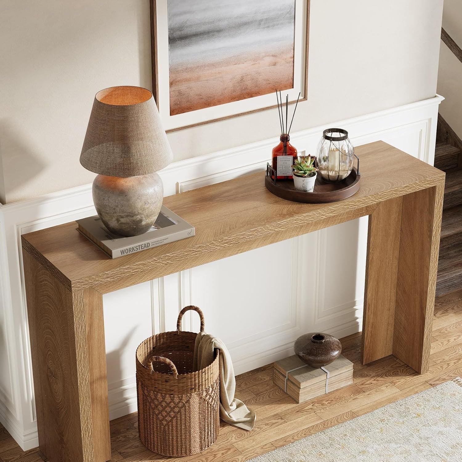 Tribesigns Table console de style campagnard de 140 cm avec rangement, Table basse marron rustique - Image 8