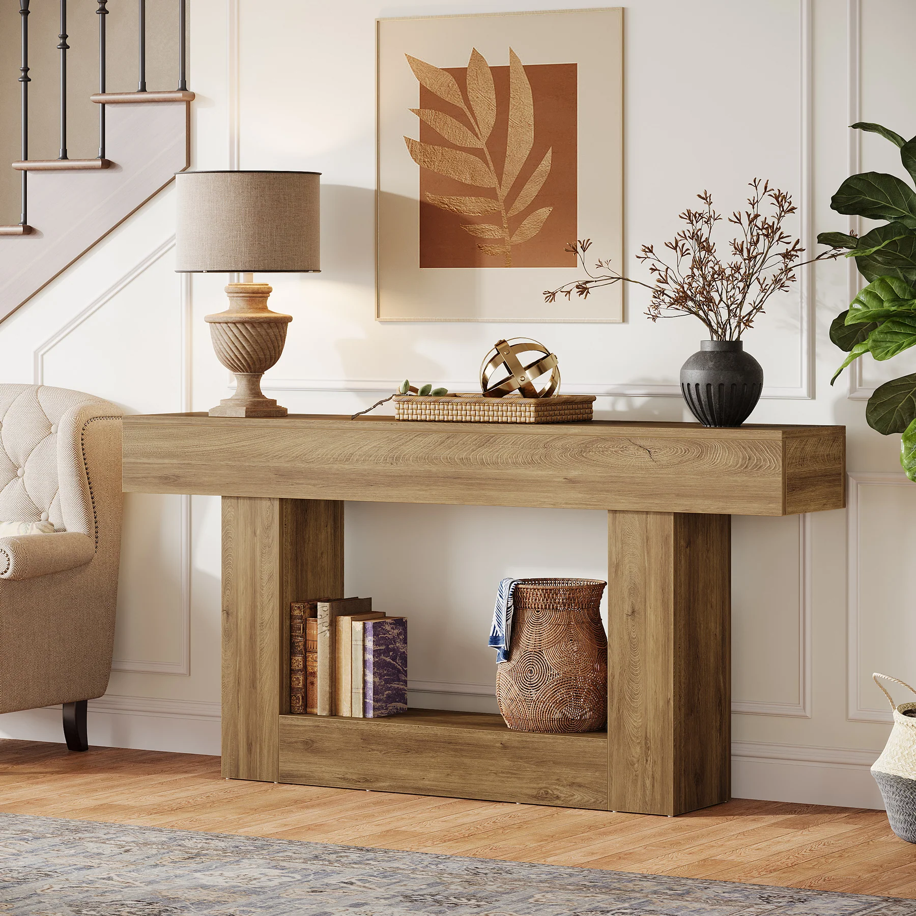 Tribesigns Table console en bois de 160 cm, Table de canapé de ferme à 2 niveaux Table d'entrée - Image 14