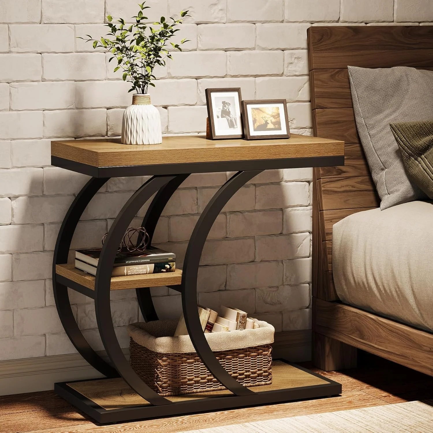 Tribesigns Table d'appoint 3 niveaux 60 cm, Table d'appoint design industriel en forme de C - Image 6