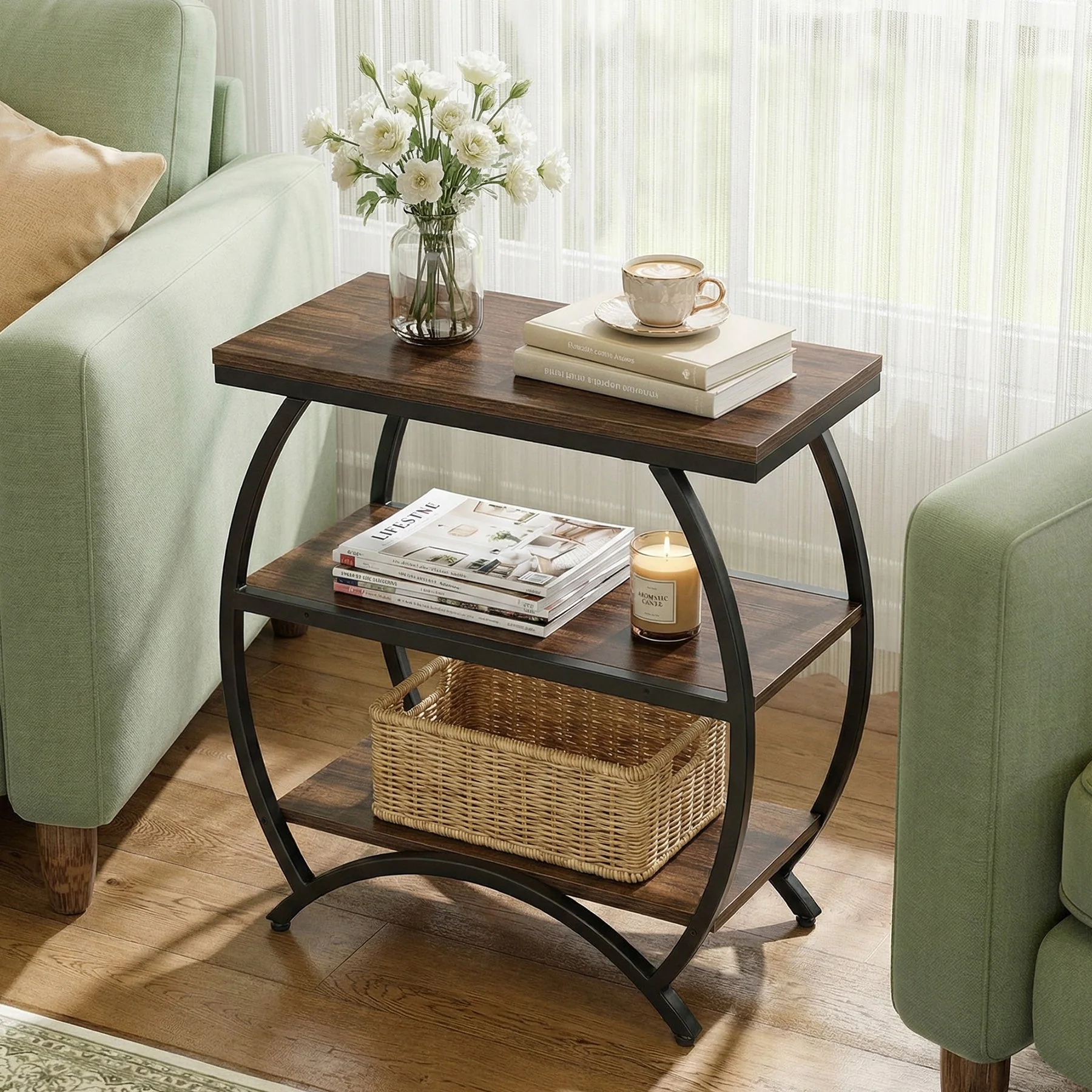 Tribesigns Table d'appoint étroite de 60 cm avec 3 niveaux de rangement, Table de chevet industrielle pour salon ou chambre