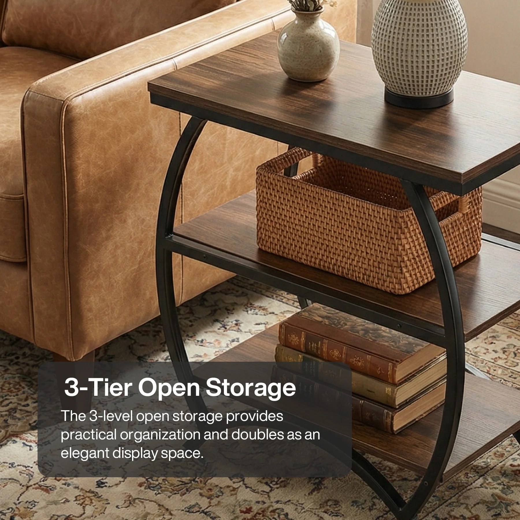 Tribesigns Table d'appoint étroite de 60 cm avec 3 niveaux de rangement, Table de chevet industrielle pour salon ou chambre - Image 11