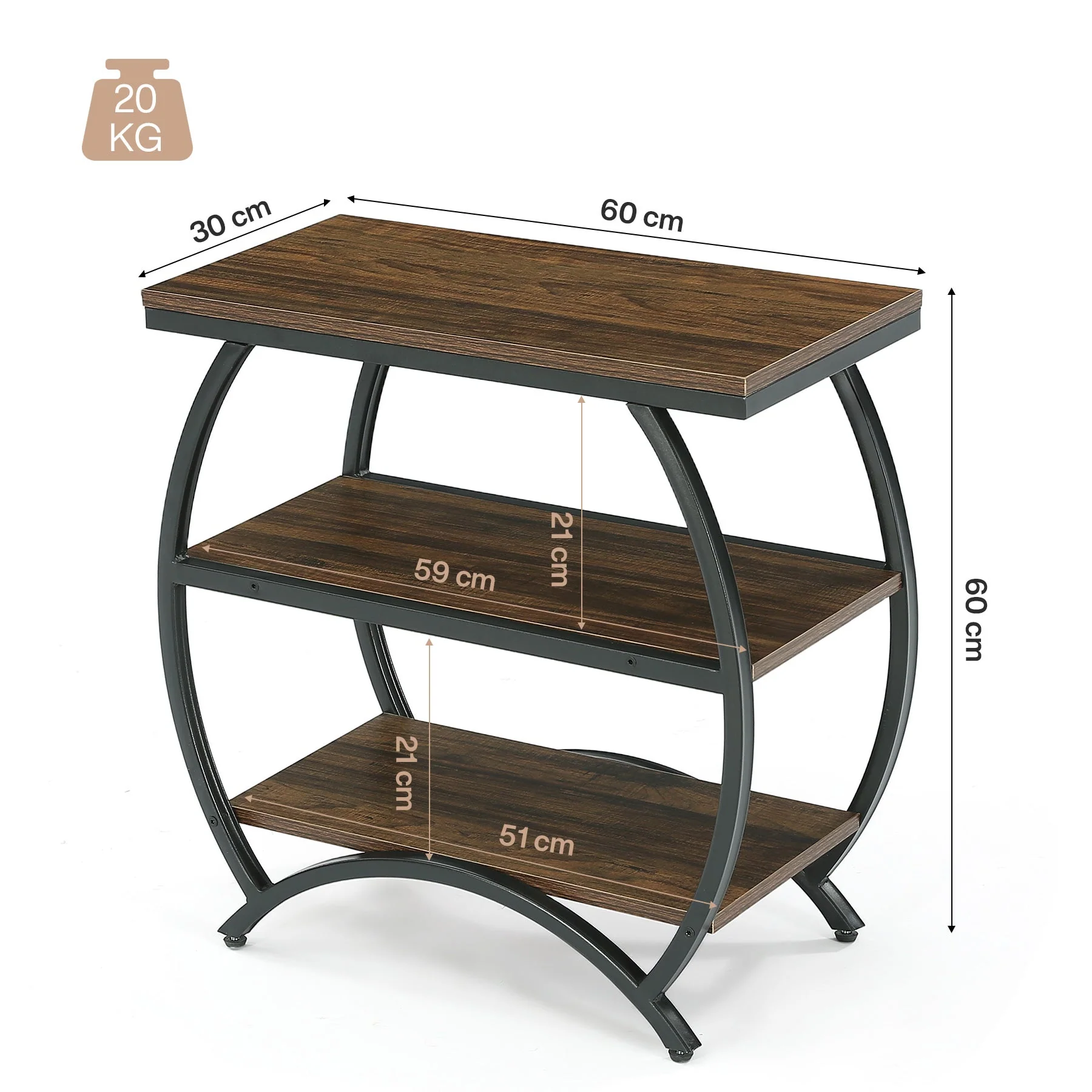 Tribesigns Table d'appoint étroite de 60 cm avec 3 niveaux de rangement, Table de chevet industrielle pour salon ou chambre - Image 2