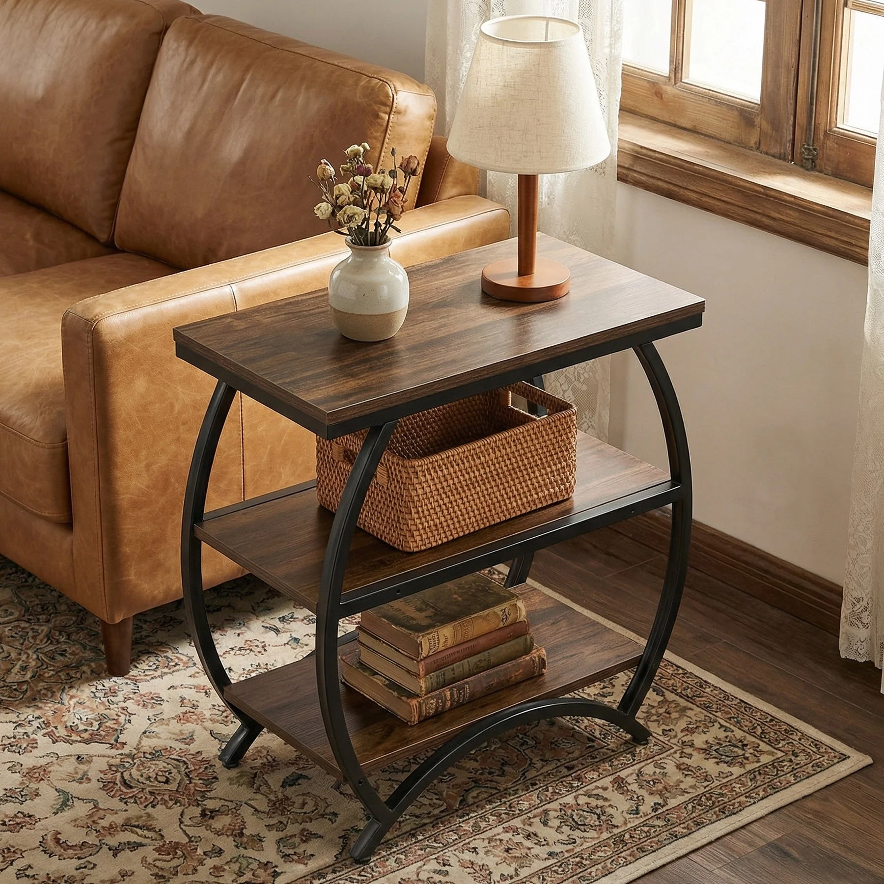 Tribesigns Table d'appoint étroite de 60 cm avec 3 niveaux de rangement, Table de chevet industrielle pour salon ou chambre - Image 3