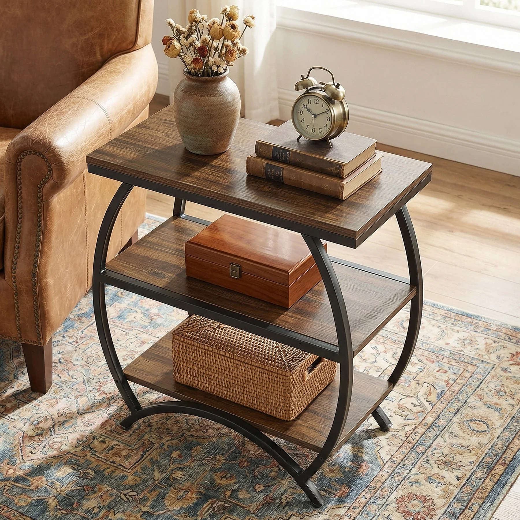 Tribesigns Table d'appoint étroite de 60 cm avec 3 niveaux de rangement, Table de chevet industrielle pour salon ou chambre - Image 4