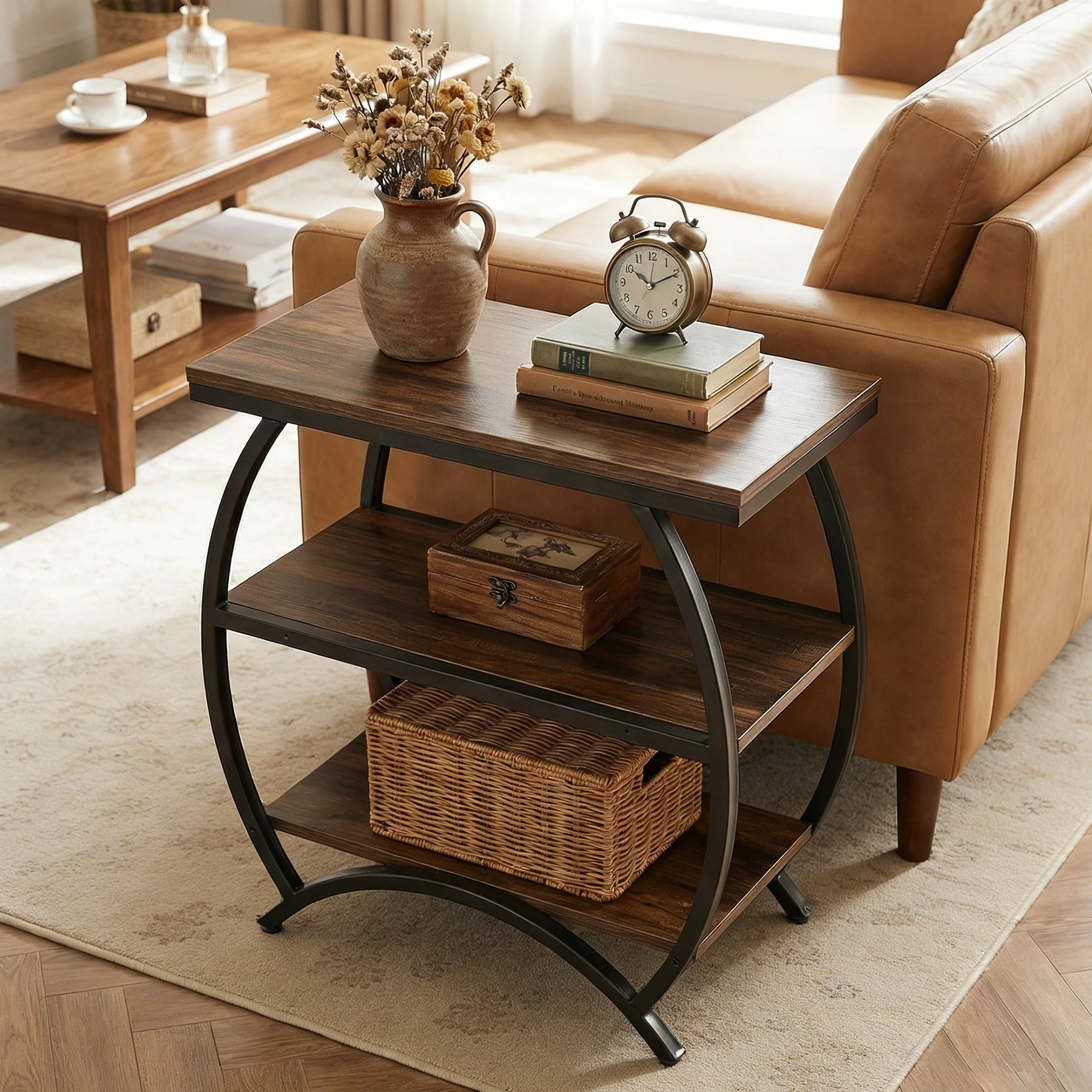 Tribesigns Table d'appoint étroite de 60 cm avec 3 niveaux de rangement, Table de chevet industrielle pour salon ou chambre - Image 5