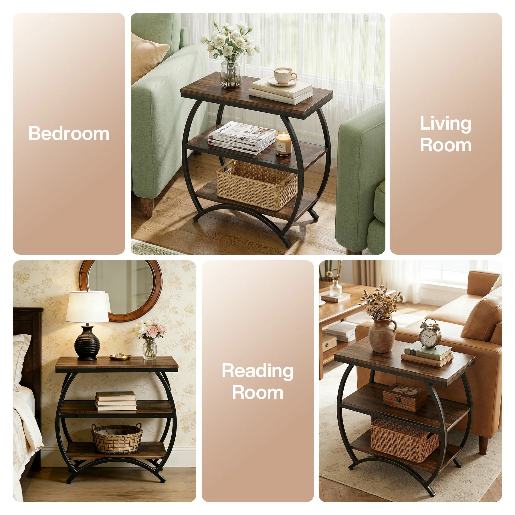 Tribesigns Table d'appoint étroite de 60 cm avec 3 niveaux de rangement, Table de chevet industrielle pour salon ou chambre - Image 8