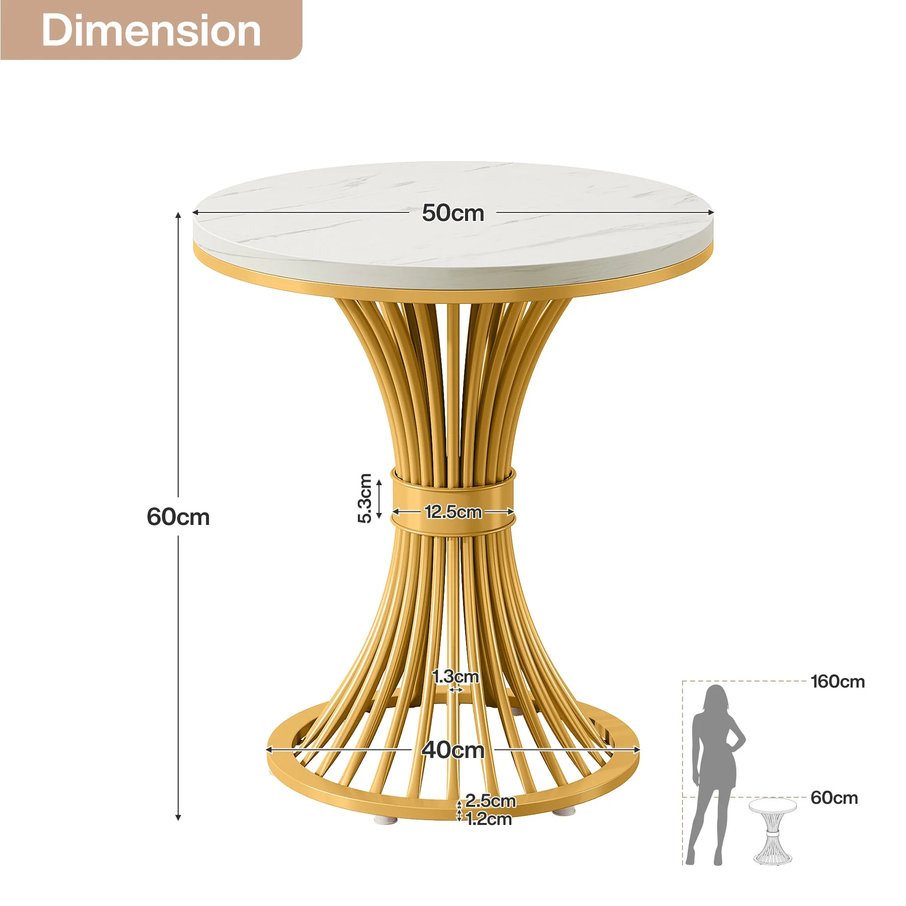 Tribesigns Table d'appoint ronde 51 cm avec plateau effet marbre, Table d'appoint blanche et piètement en métal doré - Image 2